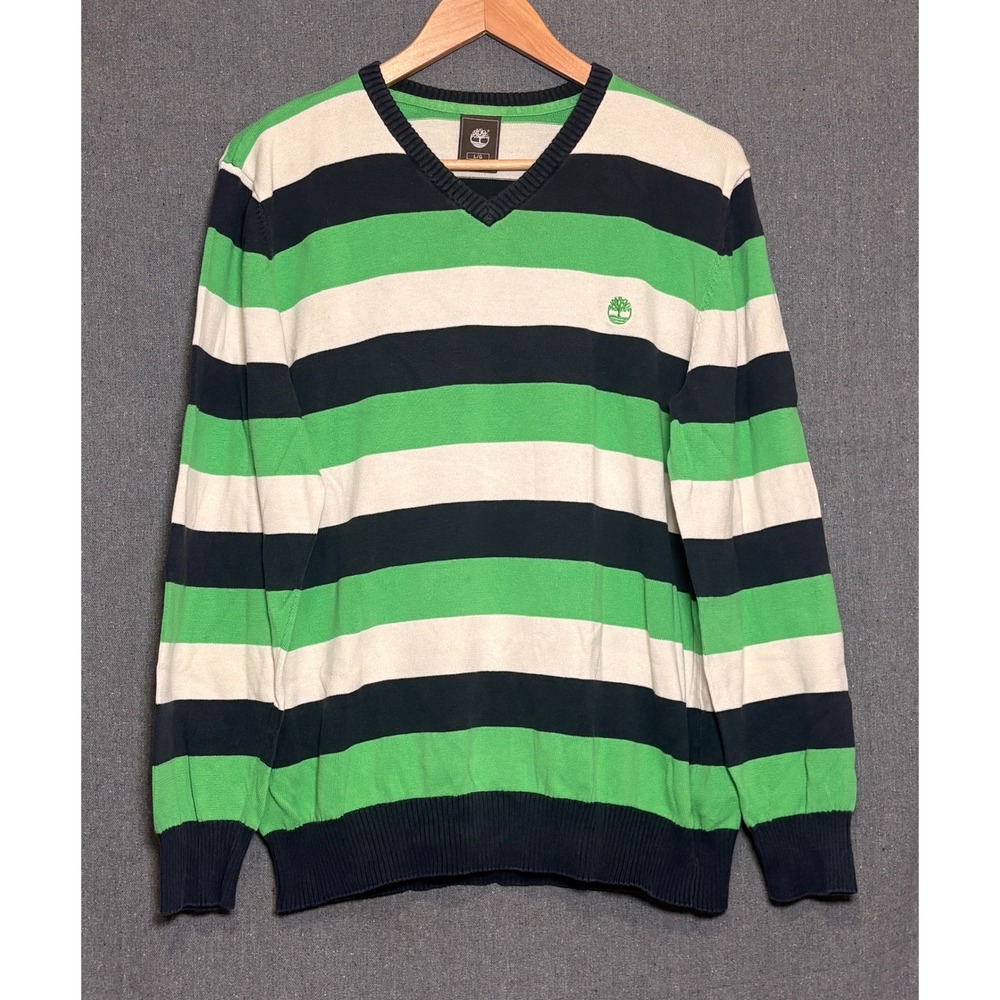 Timberland Mens V-Neck Sweater Large Green Navy Blue Striped Cotton